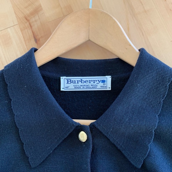 Burberry Vtg Cardigan Sweater Wool Logo Buttons Scalloped Collar 40” Size M ? - Picture 6 of 9